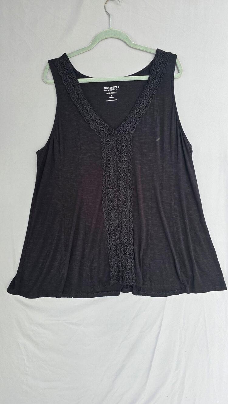 Torrid Tank Top Womens 3 3X Black Super Soft Slub Jersey Crochet Lace V Neck